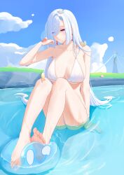 1girl absurdres alternate_eye_color animal animal_on_head barefoot beach bikini bird blue_sky breasts cleavage cloud cloudy_sky collarbone ear_piercing earrings eyebrows_hidden_by_hair eyes_visible_through_hair feet genshin_impact grass guoyandachishi hair_over_one_eye hand_on_ground highres hydro_slime_(genshin_impact) in_water jewelry long_hair looking_at_animal on_head open_mouth piercing purple_eyes shallow_water shenhe_(genshin_impact) sitting sky slime_(genshin_impact) solo stepping swimsuit tears very_long_hair water white_bikini white_hair white_nails