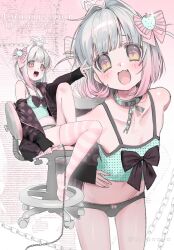 1girl aqua_tank_top black_bow black_jacket black_panties bow chain chain_leash chain_whip chair commission crop_top fang flat_chest gradient_background gradient_hair hair_bow hair_intakes halo highres holding holding_whip iniooooo jacket lace lace_panties leash melting_halo multicolored_eyes multicolored_hair multiple_views no_shoes off_shoulder on_chair open_mouth original panties pink_background pink_bow pink_eyes pink_hair pink_thighhighs pinstripe_bow polka_dot polka_dot_shirt shirt short_hair sitting skeb_commission smile striped_clothes striped_thighhighs swivel_chair tank_top thighhighs two-tone_background two-tone_eyes two-tone_hair underwear white_background white_hair white_halo yellow_eyes