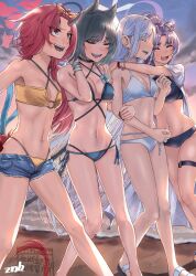 Rule 34 | 4girls, animal ears, bikini, bikini under shorts, black bikini, black hair, blue archive, blue bikini, blue halo, breasts, cat ears, cat tail, cleavage, criss-cross straps, denim, denim shorts, dragon horn, dragon tail, eyewear on head, feet out of frame, gradient tail, hair ornament, halo, horns, hug, hyakkaryouran (blue archive), kikyou (blue archive), kikyou (swimsuit) (blue archive), layered bikini, long hair, multi-strapped bikini bottom, multiple girls, multiple tails, nagusa (blue archive), nagusa (swimsuit) (blue archive), o-ring, o-ring bikini, official alternate costume, official alternate hairstyle, purple-framed eyewear, purple hair, purple halo, red eyes, red hair, red halo, red tail, renge (blue archive), renge (swimsuit) (blue archive), shorts, single horn, smile, snowflake hair ornament, sunglasses, swimsuit, tail, two tails, white bikini, white hair, white halo, yellow bikini, yukari (blue archive), yukari (swimsuit) (blue archive), zombie mogura