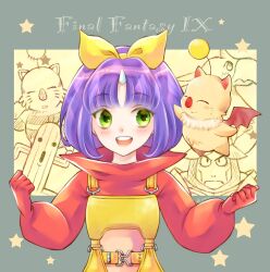 1boy 1girl adelbert_steiner armor blush bodysuit border bow chainmail cheekbones chocobo clenched_hands creature cropped_sweater eiko_carol final_fantasy final_fantasy_ix frown green_eyes grey_border hair_bow helmet highres horns moogle open_mouth overalls parted_bangs pink_bodysuit purple_hair quichi_91 red_sweater sabotender short_hair single_horn smile sweater turtleneck turtleneck_sweater upper_body yellow_bow yellow_overalls