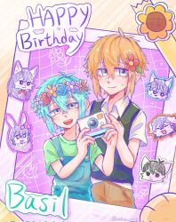 2girls 5boys antenna_hair artist_name aubrey_(headspace)_(omori) aubrey_(omori) basil_(faraway)_(omori) basil_(headspace)_(omori) basil_(omori) black_hair blonde_hair blue_eyes blue_overalls blush brown_shorts camera cat_boy cat_girl character_name chibi closed_mouth collared_shirt corrupted_twitter_file dog_boy flower furrification furry green_eyes green_hair green_shirt green_sweater_vest hair_flower hair_ornament happy_birthday head_wreath hero_(headspace)_(omori) hero_(omori) highres holding holding_camera kel_(headspace)_(omori) kel_(omori) looking_at_viewer mari_(headspace)_(omori) mari_(omori) multiple_boys multiple_girls omori omori_(omori) open_mouth overalls photo_(object) purple_hair qinliu_cat rabbit_girl shirt short_sleeves shorts smile sweater_vest t-shirt teeth upper_teeth_only white_shirt