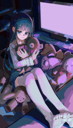 1girl absurdres black_hair blue_eyes commentary computer_keyboard english_commentary grey_thighhighs highres iinagi_(kashiwa_keira) kami-sama_no_memo-chou knees_up legs long_hair long_sleeves monitor no_shoes shionji_yuuko sidelocks soles solo stuffed_animal stuffed_toy teddy_bear thighhighs toes white_background