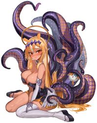 absurdres between_legs black_collar blonde_hair blush breasts cleavage closed_mouth clothing_cutout collar commentary_request cosplay crossed_bangs dark-skinned_female dark_skin detached_sleeves dress elf elfriend_(shiranui_flare) full_body fur-trimmed_collar fur_trim hair_between_eyes hand_between_legs headpiece highres hololive hololive_english long_hair multicolored_hair ninomae_ina&#039;nis ninomae_ina&#039;nis_(1st_costume) ninomae_ina&#039;nis_(cosplay) okobo platform_sandals pointy_ears purple_dress red_eyes rum_raisin_(chihiromakita19) sandals shiranui_flare short_dress sidelocks simple_background single_detached_sleeve single_thighhigh sitting sleeveless sleeveless_dress smile straight_hair strapless strapless_dress streaked_hair tabi tentacle_hair tentacles thighhighs tube_dress underboob_cutout very_long_hair wariza white_background white_hair white_sleeves white_thighhighs