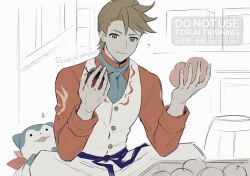 Rule 34 | 1boy, 1other, apron, aqua ascot, blonde hair, blue eyes, blue fur, bunet (fire emblem), fire emblem, fire emblem engage, highres, male focus, nintendo, orange shirt, shirt, smile, sommie (fire emblem), two-tone fur, white fur, yoizorastar