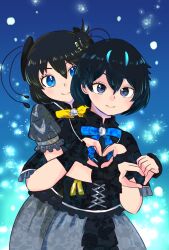 2girls bird_girl bird_wings black_eyes black_hair black_shirt blonde_hair blue_bow blue_bowtie blue_eyes blue_hair bow bowtie collared_shirt floral_print_skirt frilled_cuffs grey_skirt hair_between_eyes head_wings heart heart_hands highres hug hug_from_behind kemono_friends ma2uastro multicolored_hair multiple_girls official_alternate_costume print_shirt print_skirt puffy_short_sleeves puffy_sleeves shirt short_hair short_sleeves sidelocks skirt smile sparkle superb_bird-of-paradise_(kemono_friends) two-tone_hair western_parotia_(kemono_friends) wings wrist_cuffs yellow_bow yellow_bowtie