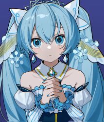 Rule 34 | 1girl, aqua eyes, aqua hair, bare shoulders, breasts, closed mouth, collarbone, detached collar, detached sleeves, dress, hair between eyes, hair ornament, hatsune miku, highres, long hair, long sleeves, looking at viewer, medium breasts, myuga66666, official alternate costume, own hands together, simple background, snowflake hair ornament, snowflakes, solo, strapless, strapless dress, vocaloid, yuki miku, yuki miku (2019)