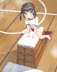 1girl akira_(gjvx3472) blue_eyes bow brown_hair buruma from_above full_body gym_uniform hair_bow highres indoors kneehighs legs long_hair looking_at_viewer looking_up mat original red_buruma ribbon shirt shoes short_sleeves sitting socks solo straddling thighs twintails vaulting_horse white_shirt white_shoes white_socks