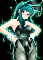 1girl annoyed armpits black_leotard blue_eyes blush bow bowtie breasts electricity fishnets green_hair hands_on_own_hips horns leotard long_hair lum multicolored_hair nanao_futaba playboy_bunny pointy_ears shiny_clothes skin_tight thighs tight_clothes urusei_yatsura