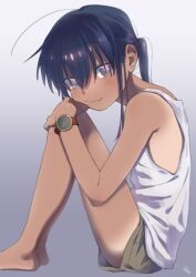 1boy ad ahoge androgynous bare_arms bare_shoulders barefoot black_hair blush closed_mouth commentary_request dark-skinned_male dark_skin fang ferea_bimi from_side full_body gradient_background grey_background grey_eyes hair_between_eyes hand_on_own_knee head_rest highres ichihashi_kei inaka_ni_kaeru_to_yakeni_natsuita_kasshoku_ponytail_shota_ga_iru knees_up long_hair looking_at_viewer male_focus maven official_art ponytail product_placement shirt_tan short_shorts shorts shorts_tan sidelocks signature sitting skin_fang solo tan tank_top tanline watch white_tank_top wristwatch