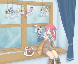 Rule 34 | 1girl, alchemist (ragnarok online), assassin cross (ragnarok online), bird, blue eyes, blue gloves, blush, boots, bow, brown boots, brown cape, brown dress, cape, character doll, curtains, doll, dress, elbow gloves, feet out of frame, fingerless gloves, fur collar, gloves, hair bow, hawk, highres, hunter (ragnarok online), indoors, koyuki.a, long hair, lord knight (ragnarok online), monk (ragnarok online), on windowsill, open mouth, paladin (ragnarok online), pink bow, pink hair, priest (ragnarok online), ragnarok online, rain, short dress, sitting, slime (creature), smile, sniper (ragnarok online), solo, strapless, strapless dress, teruterubouzu, vanilmirth (ragnarok online), window