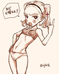 1girl bow bow_panties bra breasts eisu_(eith) forehead hairband hands_on_own_hips harsha_(eisu) highres mismatched_underwear navel open_mouth original panties pointing sepia simple_background skinny small_breasts spot_color twintails underwear underwear_only white_background