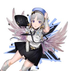 bandaged_arm bandaged_leg bandages black_dress black_hairband black_skirt collar colored_inner_hair dress feathers flower frilled_collar frilled_dress frills gold_flower grey_hair grey_wings hair_ornament hairband lotus low_wings multicolored_hair purple_eyes re:act rootdesign shirt skirt usuwa_suu virtual_youtuber white_feathers white_shirt white_wings wings