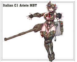 1girl :d armored_boots armored_gloves bare_shoulders bincan boots breasts brown_eyes c1_ariete c1_ariete_(personification) camouflage cannon cleavage_cutout clothing_cutout curled_horns elbow_gloves english_text fingerless_gloves flag_print full_body gloves green_hair headset highleg highleg_panties highres horizontal_pupils horns italian_flag italian_flag_print large_breasts looking_at_viewer mecha_musume military military_vehicle mole mole_on_breast mole_on_stomach mole_on_thigh mole_under_eye navel_cutout open_mouth original outstretched_arms panties ponytail revealing_clothes sheep_horns smile thighhighs underwear