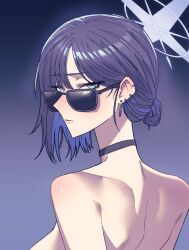 1girl absurdres anygatsby black_choker blue_archive blue_background blue_eyes blue_hair choker ear_piercing earrings from_behind hair_up highres jewelry piercing saori_(blue_archive) solo sunglasses tinted_eyewear upper_body