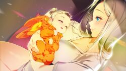 2girls animal_costume animal_hood aqua_eyes baby blue_eyes blush breasts carrying_baby carrying_person cha_so-hi cleavage closed_eyes closed_mouth collarbone dutch_angle game_cg hair_bun hairband highres holding hood large_breasts light_blush light_particles long_hair looking_at_another miracle_snack_shop multiple_girls non-web_source nose_blush official_art open_mouth orange_hairband philia_salis pink_lips shadow shirt single_hair_bun sleeping sleeping_on_person talesshop thighs ukero white_hair white_shirt