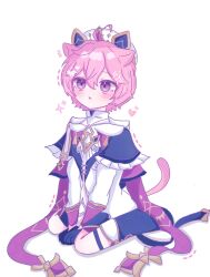 Rule 34 | 1boy, animal ears, beret, black capelet, black gloves, capelet, cat boy, cat ears, cat tail, collared cape, dahlia (genshin impact), frilled capelet, frills, genshin impact, gloves, gold trim, hair between eyes, hat, heart, highres, long sleeves, marin kirari, ornate clothes, pink hair, purple eyes, short hair, simple background, solo, sparkle, tail, white background, white hat