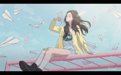 1girl bandaid bandaid_on_knee bandaid_on_leg brown_hair cardigan commentary english_commentary floating_hair gfriend highres holding holding_paper_airplane k-pop letterboxed long_hair paper_airplane real_life shirt_tucked_in sitting sky socks solo umji_(gfriend) vivid507 white_socks yellow_cardigan