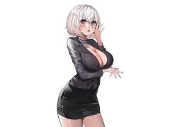 adjusting_eyewear arm_under_breasts azur_lane bad_id bad_pixiv_id black_shirt black_skirt blush breasts choker cleavage glasses grey_hair hand_on_eyewear highres large_breasts office_lady open_mouth red_eyes shirt short_hair sirius_(azur_lane) skirt suou-sensei third-party_source white_background