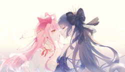 2girls absurdres backless_dress backless_outfit bare_shoulders black_bow black_coat black_dress black_hair black_ribbon black_sleeves bow breasts brown_eyes chinese_commentary cleavage closed_eyes coat collar commentary_request confeitoo criss-cross_back-straps cross cross_earrings crown detached_collar detached_sleeves dress earrings eyeshadow feathers floral_print frilled_collar frills gold_crown gold_earrings gradient_background hair_bow high_collar highres imminent_kiss jewelry light_particles lilith_(shining_nikki) lipstick long_hair long_sidelocks long_sleeves looking_at_another makeup marking_on_cheek medium_breasts multiple_girls neck_ribbon nikki_(nikki) nikki_(series) open_mouth pink_bow pink_eyeshadow pink_hair puffy_short_sleeves puffy_sleeves red_lips red_ribbon ribbon shining_nikki short_sleeves shoulder_blades sidelocks star_(symbol) upper_body valentine very_long_hair white_background white_collar white_dress white_sleeves yuri