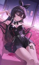 1girl absurdres alcohol belt black_belt black_bow black_bowtie black_dress black_hair blue_eyes bow bowtie breasts cleavage commentary couch cup detached_collar dress drinking_glass hair_intakes highres large_breasts long_hair looking_at_viewer on_couch original red_wine sitting smile solo spilling strapless strapless_dress thighs wine wine_glass yamu_(yamu_030)