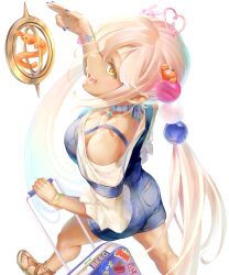 1girl absurdres alternate_costume bare_shoulders blonde_hair blue_choker blue_overalls blush bracelet breasts choker cleavage commentary dark-skinned_female dark_skin english_commentary from_above hair_ornament highres hololive hololive_english jewelry kaniko_(tsukumo_sana) large_breasts long_hair looking_at_viewer necklace ookami_mio ookami_mio_(street) overall_shorts overalls planet_hair_ornament rolling_suitcase salute sandals shirt sidelocks three-quarter_sleeves suitcase tataki_tuna tsukumo_sana twintails two-finger_salute usaslug_(tsukumo_sana) very_long_hair virtual_youtuber white_shirt yatagarasu_(tsukumo_sana) yellow_eyes