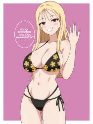 absurdres arm_behind_back bikini black_bikini blonde_hair blush breasts brown_hair cleavage collarbone cowboy_shot dani_(angrymatthew) english_text floral_print_bikini gluteal_fold hair_between_eyes hand_up highres jewelry kitagawa_marin large_breasts lipstick long_bangs long_hair looking_at_viewer makeup nail_polish navel pink_lips pink_nails ribbon-trimmed_bikini ribbon_trim ring smile solo sono_bisque_doll_wa_koi_wo_suru speech_bubble standing swimsuit teeth thighs wedding_ring