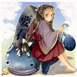 1girl bad_id bad_pixiv_id barefoot bow brown_hair catfish feet female_focus fish hair_bow hair_ribbon hakama hakama_skirt hibarin japanese_clothes kaname-ishi kimono long_hair namazu_(mythology) original red_hakama ribbon rira_fuuka rope shimenawa skirt solo tree yellow_eyes