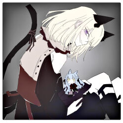 Rule 34 | 2girls, animal ears, bang dream!, bang dream! it&#039;s mygo!!!!!, black dress, black ribbon, black socks, blonde hair, blue hair, blush, cat ears, cat girl, chinese commentary, closed mouth, clothing cutout, commentary request, doloris (bang dream!), dress, grey background, highres, kemonomimi mode, kira reader, kneehighs, long sleeves, mini person, minigirl, misumi uika, multiple girls, oblivionis (bang dream!), purple eyes, red shirt, ribbon, shirt, shoulder cutout, smile, socks, togawa sakiko, two side up, yellow eyes