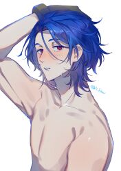 1boy aged_up blue_hair blush gloves gradient_hair gundam gundam_gquuuuuux highres i4_kan male_focus multicolored_hair open_mouth purple_hair red_eyes short_hair shuji_ito simple_background solo sweatdrop toned toned_male topless_male upper_body white_background
