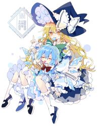 Rule 34 | 2girls, absurdres, arm up, black dress, black hat, black shoes, blonde hair, blue bow, blue dress, blue hair, blush, bow, bowtie, braid, cirno, closed eyes, commentary, dress, food, food in mouth, frilled bow, frilled socks, frills, full body, green bow, hair between eyes, hair bow, hat, hat bow, highres, ice, ice wings, index finger raised, kirisame marisa, long hair, long sleeves, mary janes, multiple girls, nikorashi-ka, popsicle, red bow, red bowtie, shoes, short hair, simple background, single braid, sleeve bow, socks, touhou, v-shaped eyebrows, watermark, white background, white bow, white socks, wings, witch hat, yellow eyes