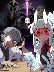 1girl 4boys absurdres black_necktie black_vest bleach bondrewd bongfill breasts cigarette closed_eyes coat collared_shirt commentary crossover demon_girl demon_horns facial_hair franken_stein_(soul_eater) fullmetal_alchemist glasses grey_hair helltaker highres holding horns kurotsuchi_mayuri lab_coat long_hair looking_at_viewer loremaster_(helltaker) made_in_abyss mouth_hold multiple_boys multiple_crossover necktie object_through_head opaque_glasses open_mouth partially_opaque_glasses ponytail red_goggles red_shirt round_eyewear screw_in_head shirt shou_tucker signature smile soul_eater stitched_face stitches symbol-only_commentary teeth vest whistle white_horns
