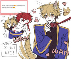 2boys absurdres animal_collar animal_ears black_hair black_shirt blonde_hair blue_jacket blush braid braided_ponytail chibi chibi_inset closed_eyes collar dog dog_boy dog_ears dog_tail earrings english_text flying_sweatdrops hair_between_eyes hand_on_another&#039;s_ear hand_on_another&#039;s_head hand_up headpat heart highres holding holding_collar jacket jewelry kemonomimi_mode leash lin_xo0ox long_hair long_sleeves male_focus marshmallow_(site) multicolored_hair multiple_boys open_mouth orange_eyes partially_colored paw_print red_collar red_hair request_inset shiguang_dailiren shirt short_hair single_braid sketch sleeves_past_wrists smile solo_focus sweat tail tail_wagging tassel tassel_earrings tears white_background white_shirt xia_fei xiao_weiying yaoi