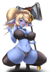 1girl black_bra black_panties black_thighhighs blonde_hair blue_skin blush bra breasts cameltoe cleavage collarbone colored_skin embarrassed eyelashes fang female_focus full_body hammer hands_up huge_breasts k-boss league_of_legends long_hair looking_at_viewer navel nervous nervous_smile open_mouth panties pointy_ears poppy_(league_of_legends) purple_eyes shortstack simple_background smile solo spread_legs squatting thighhighs thighs twintails underwear v war_hammer weapon white_background yordle