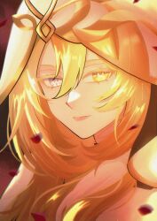 Rule 34 | 1girl, blonde hair, colored eyelashes, commentary, english commentary, genshin impact, hair between eyes, hood, long hair, looking at viewer, moonieclover, naberius (genshin impact), pink lips, portrait, smile, solo, yellow eyes