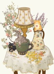 animal black_cat cat commentary_request cup flower grey_cat highres in_container lamp no_humans oimo_imoo orange_cat original simple_background spring_(season) table vase white_background