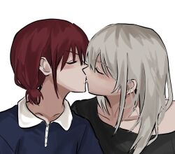Rule 34 | 2girls, black shirt, blue shirt, blush, closed eyes, commentary request, girls band cry, grey hair, hhanassig, iseri nina, kawaragi momoka, kiss, korean commentary, long hair, multiple girls, red hair, shirt, short twintails, simple background, twintails, upper body, white background, yuri