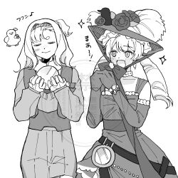 2girls :d ball bare_shoulders bird bow chin_strap closed_eyes collared_shirt cowboy_shot crystal_ball dress drill_hair duck elbow_gloves flower freckles gloves greyscale hairband hands_up hat hat_feather hat_flower highres holding holding_ball looking_at_another low_ponytail matilda_bouanich medium_hair monochrome multiple_girls one_side_up open_mouth overall_shorts overalls own_hands_together picture_hat ponytail reverse:1999 rikini_sushi shirt side-by-side sleeveless sleeveless_dress smile sotheby sparkle sweater twin_drills watermark white_background