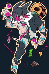 1girl absurdres animal_ears armpits black_hair breasts candy cat_girl cat_tail cxdotchison detached_leggings food halloween highres jack-o&#039;-lantern lollipop looking_at_viewer ms._fortune_(skullgirls) multicolored_hair pumpkin scar sharp_toenails skullgirls street_fighter swirl_lollipop tail toenails two-tone_hair