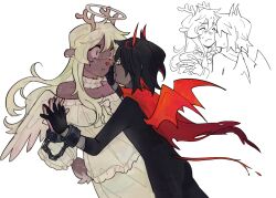 1girl 1other alternate_costume alternate_universe angel_and_devil antlers black_hair black_unitard blonde_hair choker commentary deer_antlers deer_girl deer_tail deltarune demon_horns demon_wings dress english_commentary frilled_choker frilled_dress frills furry furry_female goomyloid halo hand_on_another&#039;s_face highres horns kiss kissing_cheek kris_(deltarune) long_hair multicolored_hair noelle_holiday off-shoulder_dress off_shoulder other_with_female red_hair red_horns red_scarf red_tail scarf shared_handcuffs streaked_hair tail two-tone_hair very_long_hair white_choker white_dress wide-eyed wings