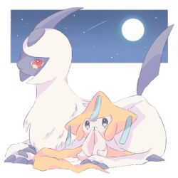 absol blue_eyes closed_mouth full_moon gen_3_pokemon horns jirachi legendary_pokemon lying moon mythical_pokemon nintendo no_humans one_eye_closed pokemon pokemon_(creature) red_eyes single_horn smile sorashiramu