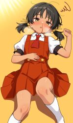 Rule 34 | 1girl, absurdres, ascot, black hair, blood, commentary request, dress, hair bobbles, hair ornament, highres, kaai yuki, lying, nosebleed, on back, pinafore dress, puffy short sleeves, puffy sleeves, red ascot, red dress, shiguren 39, shirt, short sleeves, sleeveless, sleeveless dress, socks, solo, twintails, vocaloid, white shirt, white socks, yellow background, yellow eyes