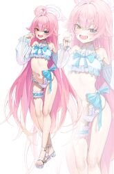 1girl absurdres ahoge blue_archive blue_bow blue_eyes bow detached_sleeves fang frilled_panties frilled_shirt frilled_sleeves frilled_thigh_strap frills halo heart_ring_strap heterochromia highres hoshino_(blue_archive) long_hair panties pink_hair rosu_1109 sandals shirt thigh_strap underwear white_panties white_sandals white_sleeves yellow_eyes