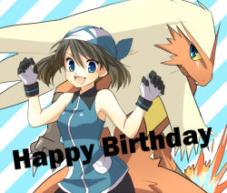 00s 1girl bandana bare_arms bare_shoulders bike_shorts blaziken blue_bandanna blue_dress blue_eyes brown_hair collared_dress dress fangs female_focus gen_3_pokemon gloves hands_up happy_birthday hat looking_at_viewer may_(pokemon) may_(pokemon_emerald) mokorei nintendo open_mouth pokemon pokemon_(anime) pokemon_(creature) pokemon_adventures pokemon_rse short_dress short_hair sleeveless sleeveless_dress smile striped_background white_gloves