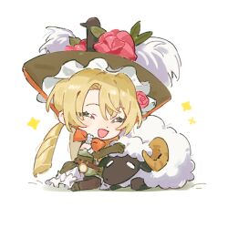 Rule 34 | 1girl, ^ ^, black pantyhose, blonde hair, chibi, chin strap, closed eyes, dress, drill hair, flower, full body, gloves, green dress, green gloves, green hat, hat, hat feather, hat flower, headpat, low twintails, open mouth, pantyhose, picture hat, rang wo zai shui 10 fenzhong, red flower, reverse:1999, sheep, sitting, smile, solo, sotheby, sparkle, twin drills, twintails, wariza, white background