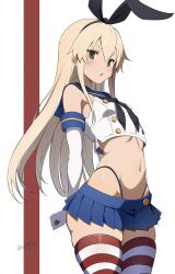 1girl black_hairband black_neckerchief black_panties blonde_hair blue_sailor_collar blue_skirt chestnut_mouth cowboy_shot crop_top elbow_gloves gloves grey_eyes hairband highleg highleg_panties highres kantai_collection long_hair microskirt miniskirt nagare_(flow) neckerchief panties pleated_skirt sailor_collar shimakaze_(kancolle) shirt skindentation skirt sleeveless sleeveless_shirt solo striped_clothes striped_thighhighs thighhighs twitter_username underwear white_background white_gloves