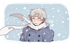 1boy axis_powers_hetalia blue_background blue_coat blush border buttons closed_eyes coat collared_coat commentary_request crying dkdmis floating_clothes grey_hair male_focus open_mouth russia_(hetalia) sad scarf short_hair snowing solo streaming_tears tears upper_body white_border white_scarf