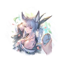 1girl animal_ears bare_shoulders braid erune gran_(granblue_fantasy) granblue_fantasy green_eyes hand_in_own_hair holding holding_mirror korwa_(yukata)_(granblue_fantasy) looking_at_viewer mirror official_art pov shoulder_blades sidelocks smile teeth white_hair