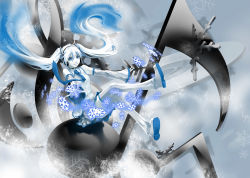1girl alternate_color alternate_hair_color bad_id bad_pixiv_id blue_eyes detached_sleeves female_focus hatsune_miku headphones headset highres long_hair musical_note pale_skin smile snow snowflakes solo t_(to_pix) thighhighs twintails very_long_hair vocaloid white_hair yamaha yuki_miku zettai_ryouiki