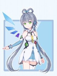 1girl asymmetrical_legwear bare_shoulders blue_sleeves chinese_commentary cowboy_shot detached_sleeves detached_wings green_eyes grey_hair hair_ornament hair_rings headphones highres light_smile long_hair luo_tianyi pointzhu short_hair_with_long_locks skirt solo thighhighs twintails uneven_legwear vocaloid vsinger_(vocaloid) wings