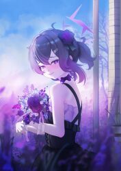 Rule 34 | 1girl, black dress, blue archive, bouquet, bow, bowtie, closed mouth, commentary, criss-cross back-straps, dress, english commentary, flower, hair flower, hair ornament, halo, haruka (blue archive), highres, holding, holding bouquet, medium hair, purple bow, purple bowtie, purple eyes, purple flower, purple hair, purple halo, rancidronin, smile, solo